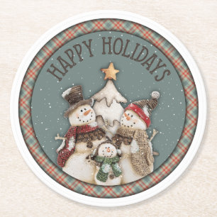 Happy Holidays Snowmen Round Paper Untersetzer