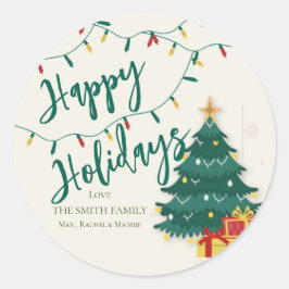 Happy Holidays String Lights Tree Niedliches Weihn Runder Aufkleber