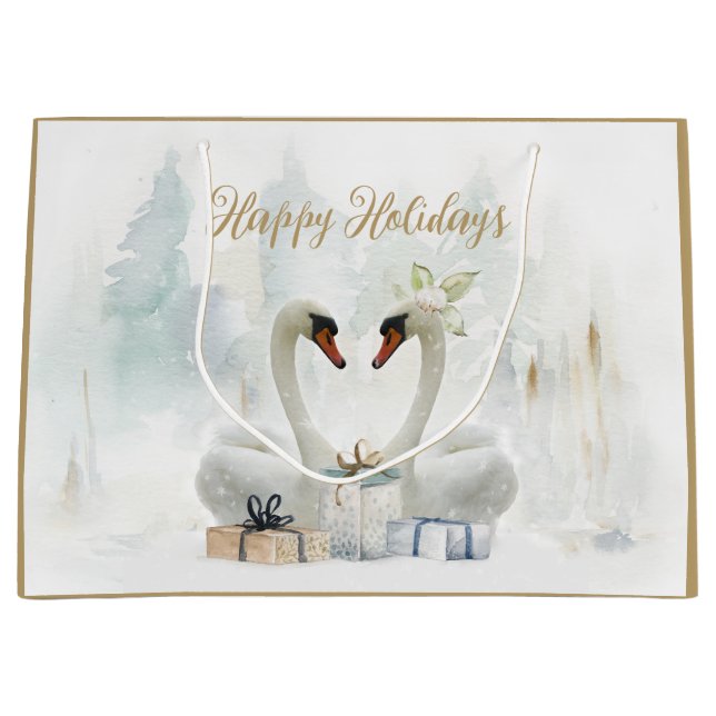 Happy Holidays Swans & Gifts Aquarell Große Geschenktüte (Vorderseite)