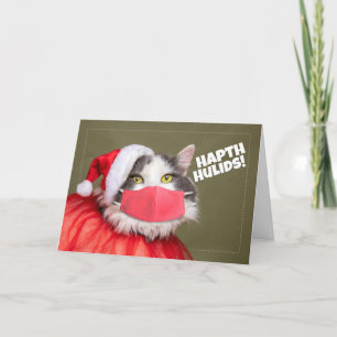 Happy Holidays Talk Cat in Face Mask Feiertagskarte