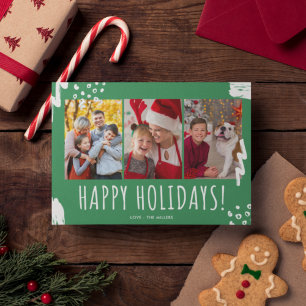 Happy Holidays Three Foto Family Green Christmas Feiertagskarte