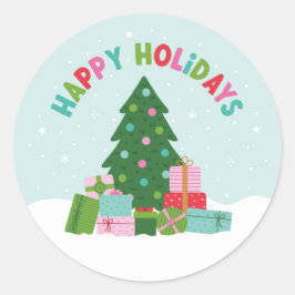 Happy Holidays Tree with Xmas Gifts in Aqua Blue Runder Aufkleber