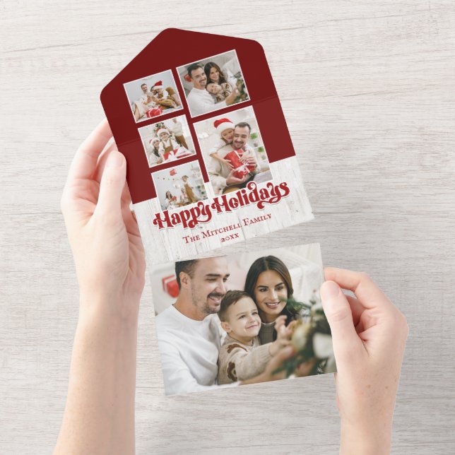 Happy Holidays Typografy on Rustic Wood 5-Foto All In One Einladung (Abreißen)