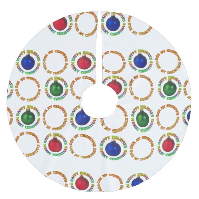 Happy Holidays Unser erstes Weihnachts Red Blue Polyester Weihnachtsbaumdecke (Vorderseite)