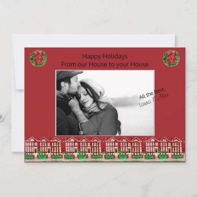 Happy Holidays: unser Haus zu Ihrem Haus Fotokarte Einladung (Vorderseite)