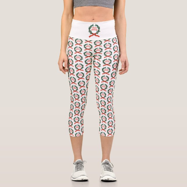 Happy Holidays Vintag Heiliger Weihnachtskranz Capri Leggings (Vorderseite)
