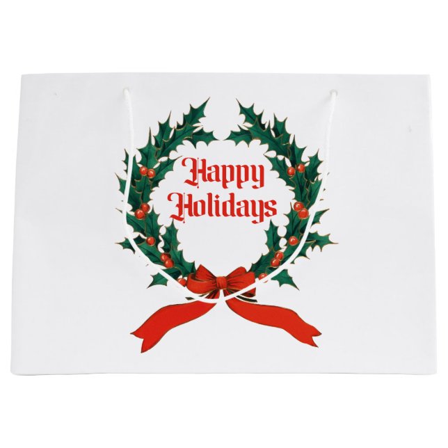 Happy Holidays Vintag Heiliger Weihnachtskranz Große Geschenktüte (Vorderseite)