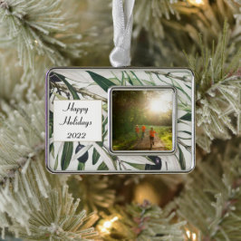 Happy Holidays Vintag Olive Branch Foto Rahmen-Ornament Silber