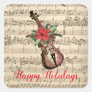 Happy Holidays Vintag Violin and Sheet Music Quadratischer Aufkleber