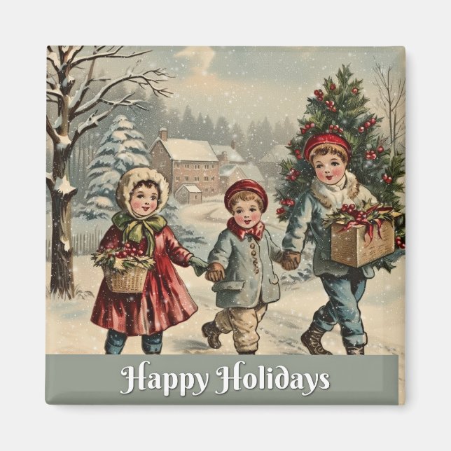 Happy Holidays, vintage illustration, Magnet (Vorne)