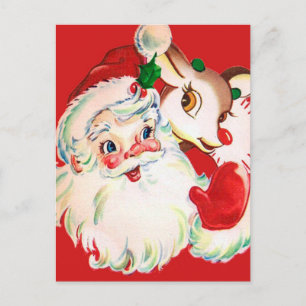 HAPPY HOLIDAYS   Vintager Santa & Rudolph Postkarte