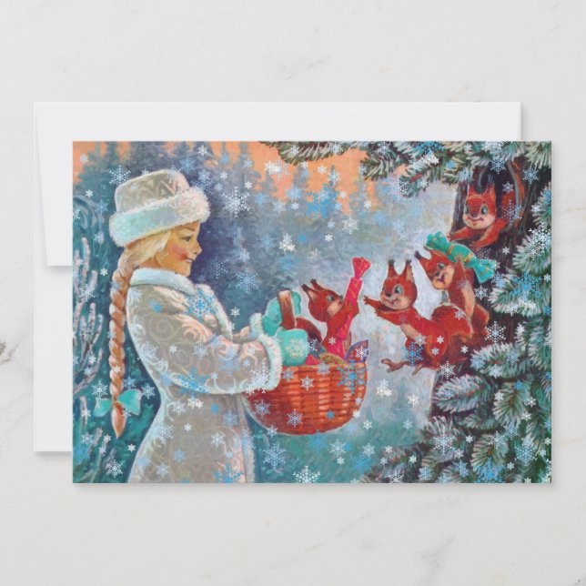 HAPPY HOLIDAYS | Vintages Wintermädchen und Eichhö (Vorderseite)