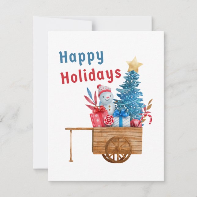 Happy Holidays Wagon mit Snowman Feiertagskarte (Vorderseite)