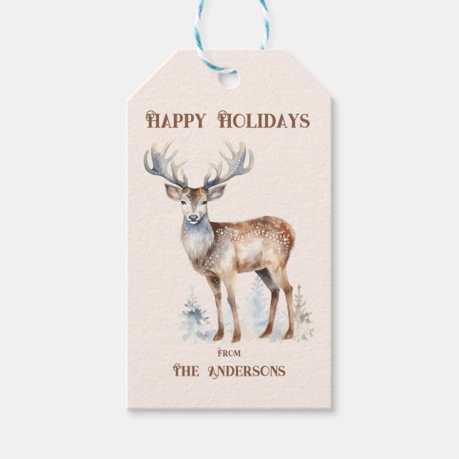 Happy Holidays Wasserfarbener Rentier Personalisie Geschenkanhänger (Vorderseite)