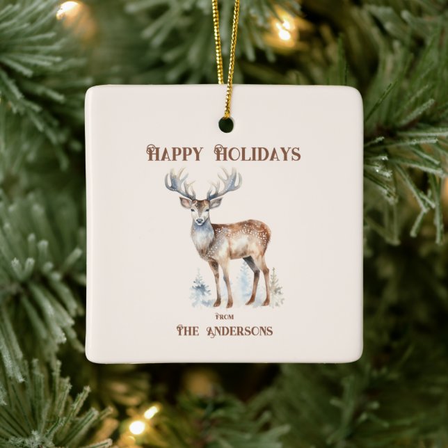 Happy Holidays Wasserfarbener Rentier Personalisie Keramikornament (Baum)
