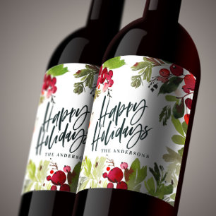 Happy holidays watercolor floral script weinetikett