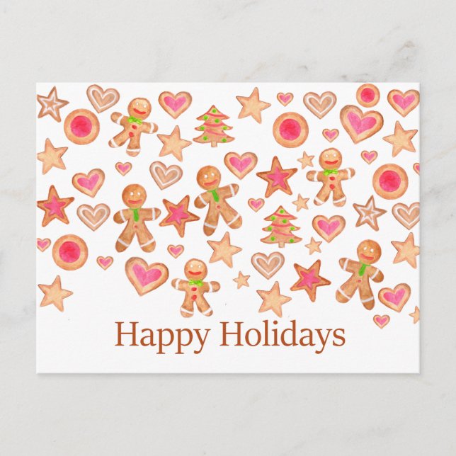 Happy Holidays watercolor gingerbread cookies Postkarte (Vorderseite)