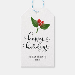 Happy Holidays Watercolor Holly Holiday Script Geschenkanhänger
