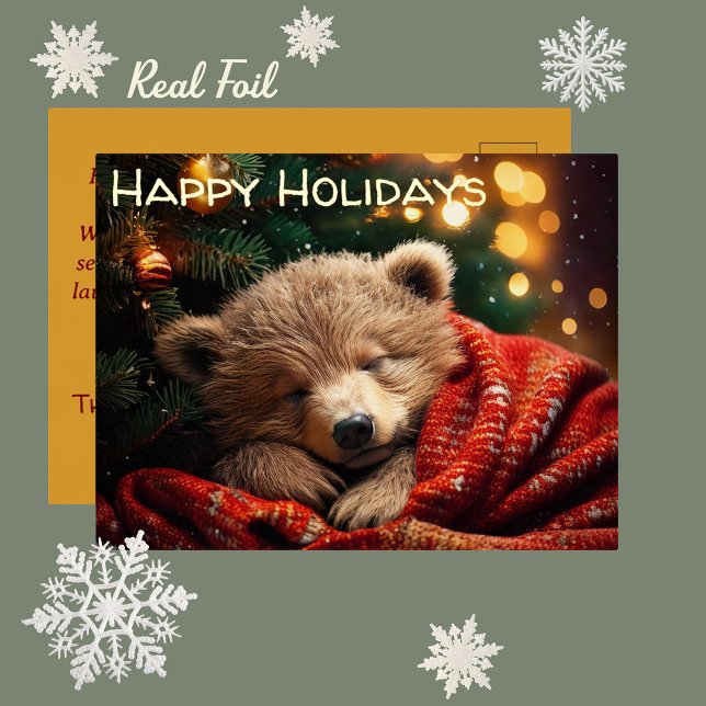 Happy Holidays Weihnachten Schlummerbär Postkarte (Sleeping Bear Cub Real Foil Christmas Holiday Postcard. Happy Mail Snail Mail Pen Pal greeting card)