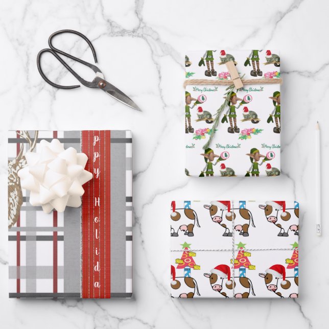 Happy Holidays Weihnachts Elf Wrapping Paper Sheet Geschenkpapier Set (Vorderseite)