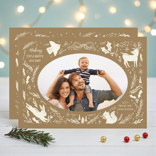 Happy Holidays Weihnachts-Foto Woodland Doodle Feiertagskarte