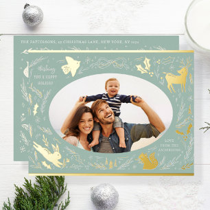 Happy Holidays Weihnachts-Foto Woodland Doodle Folien Feiertagspostkarte
