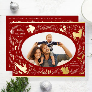Happy Holidays Weihnachts-Foto Woodland Doodle Folien Feiertagspostkarte