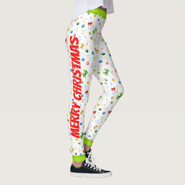 Happy Holidays Weihnachts Ribbons und Musiknoten Leggings (Rechts)