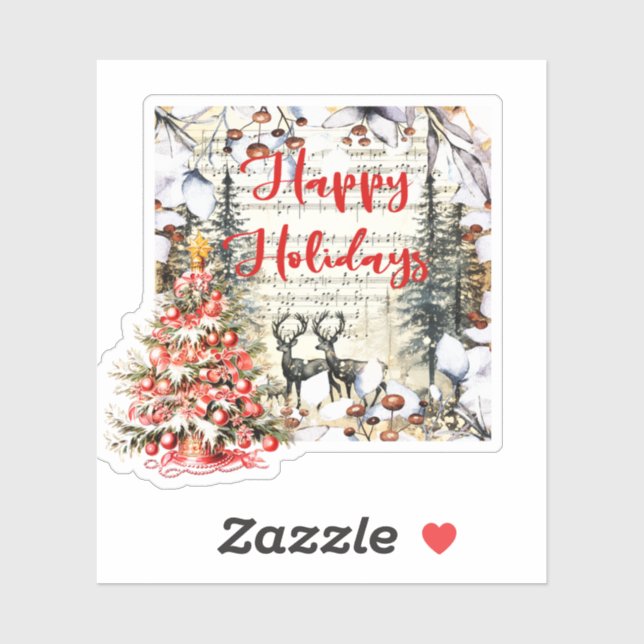 Happy Holidays - Weihnachtsbaum und Hirsch Aufkleber (Blatt)