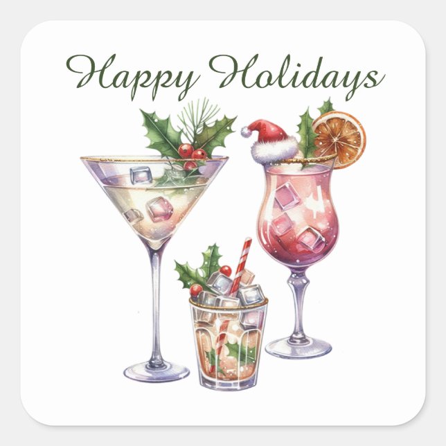 Happy Holidays Weihnachtscocktails Quadratischer Aufkleber (Vorderseite)