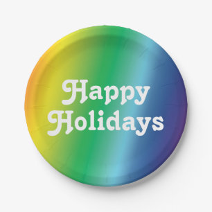 "Happy Holidays" weiß, stolz lgbtq Regenbogenfarbe Pappteller