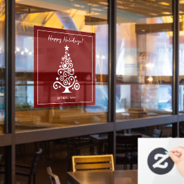 Happy Holidays White Christmas Tree on Maroon Red Fensteraufkleber