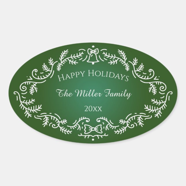Happy Holidays White Festive Frame on Green Ovaler Aufkleber (Vorderseite)
