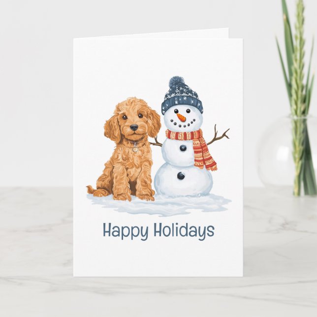 Happy Holidays Winter Goldendoodle Dog Snowman Karte (Vorderseite)