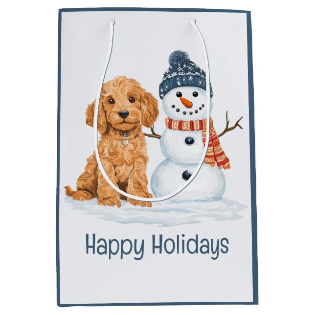 Happy Holidays Winter Goldendoodle Dog Snowman Mittlere Geschenktüte (Vorderseite)