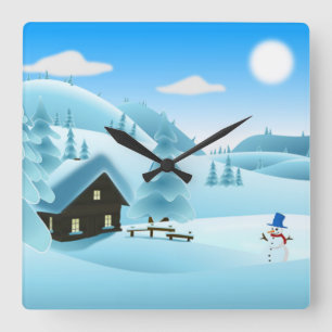 "HAPPY HOLIDAYS" WINTER LANDSCAPE QUADRATISCHE WANDUHR
