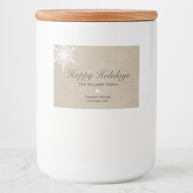Happy Holidays Winter Snowflake Food Label Burlap Lebensmitteletikett (Vorderseite)