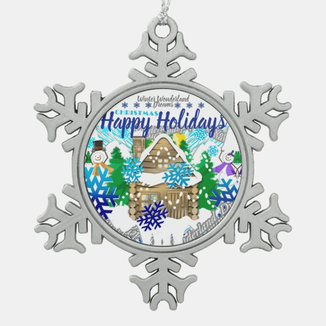 HAPPY HOLIDAYS | WINTER WONDERLAND | SCHNEEFLOCKEN Zinn-Ornament (Vorderseite)