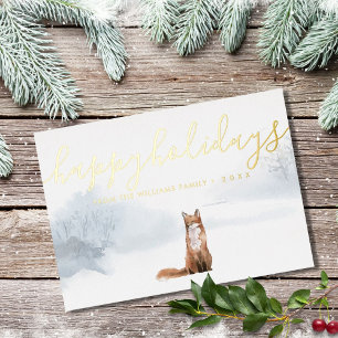 Happy Holidays Winter Woodland Szene Fox Gold Folien Feiertagskarte