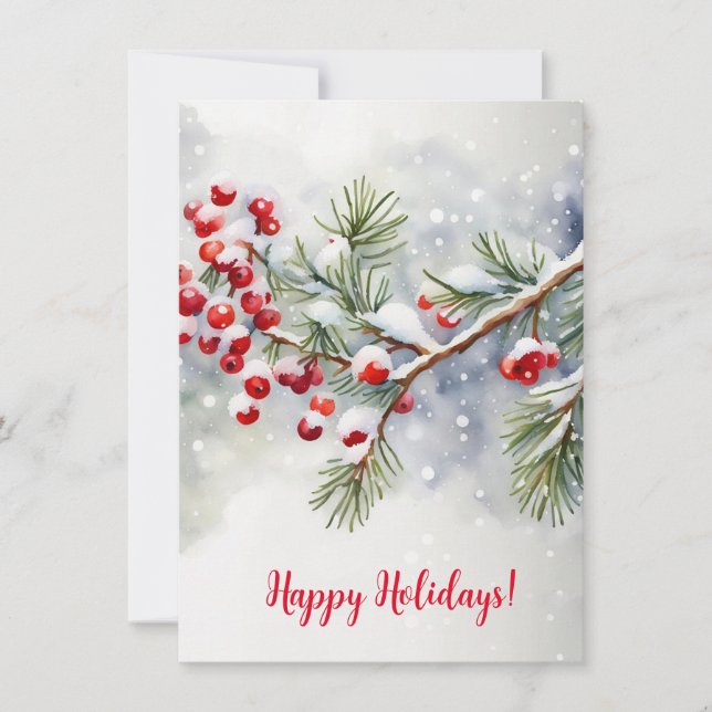 Happy Holidays with Red Berries and Snow (Vorderseite)