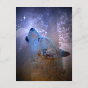 Happy Holidays Wolf and Moon Postcard Feiertagspostkarte