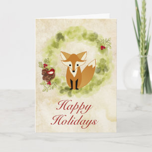 Happy Holidays Woodland Fox and Wreath Christmas Feiertagskarte