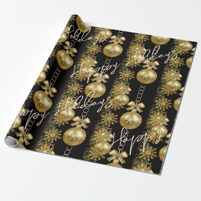 Happy Holidays Wrapping Papier Gold Balls Black Geschenkpapier (Ungerollt)