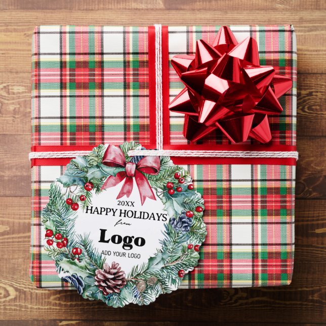 Happy Holidays Wreath Bow Logo Small Gifts Clients Ornament Karte (Insitu (Geschenk))