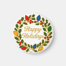 Happy Holidays Wreath Christmas Lights and Holly Magnet