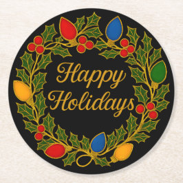 Happy Holidays Wreath Christmas Lights and Holly Runder Pappuntersetzer