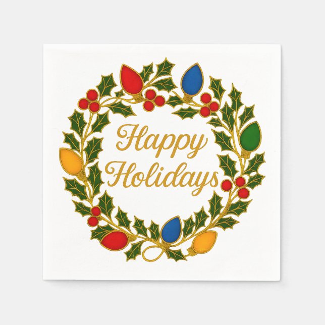 Happy Holidays Wreath Christmas Lights and Holly Serviette (Vorderseite)