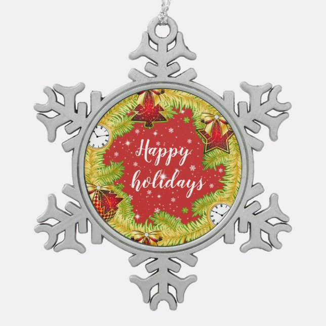 Happy Holidays Wreath mit Schneeflocken Zinn-Ornament (Vorderseite)