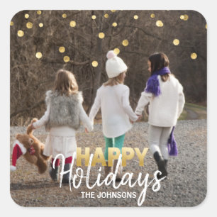 HAPPY HOLIDAYS Xmas Family Gold White   FOTO Quadratischer Aufkleber