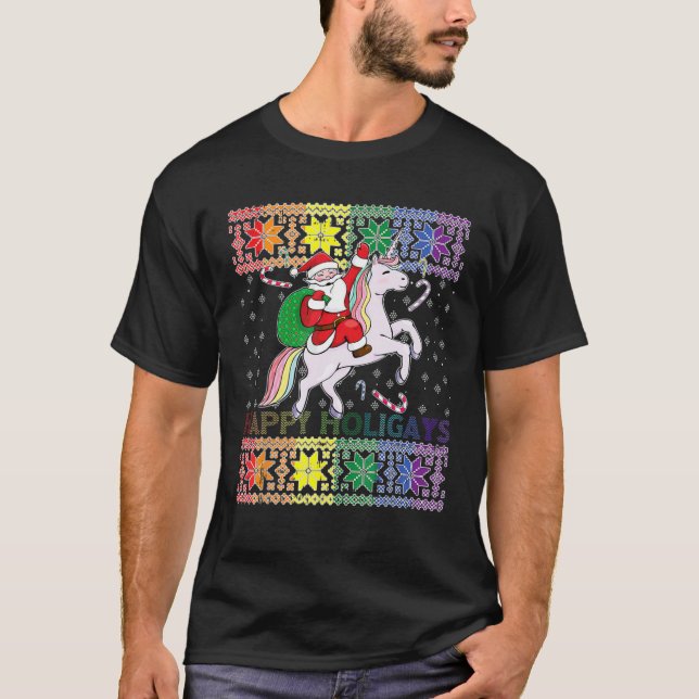Happy Holigays Gay Christmas Pajamas Santa Riding T-Shirt (Vorderseite)